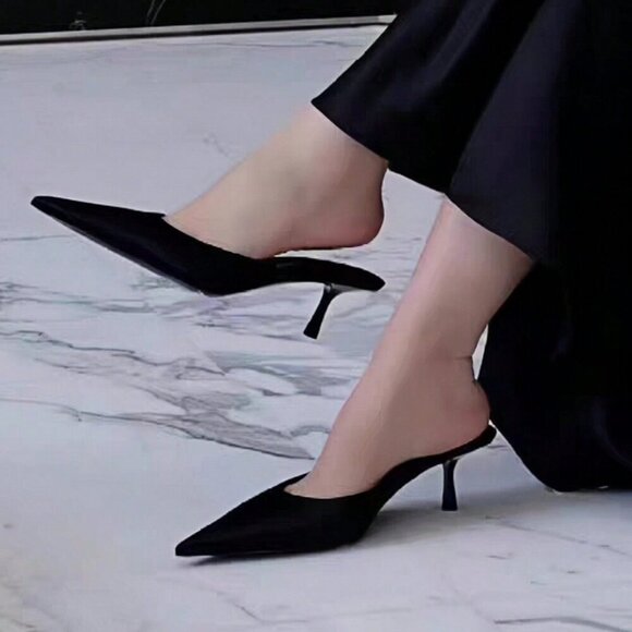 Black Satin Women's Elegant Casual Outdoor Slip-On Mules - Picture 1 of 7